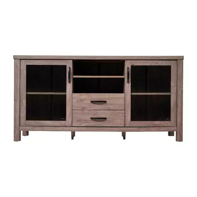 Meuble Buffet avec 2 Tiroirs, Portes en Verre Trempé à Fermeture Amortie et Étagère Ouverte