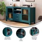Meuble Buffet avec 2 Tiroirs, Portes en Verre Trempé à Fermeture Amortie et Étagère Ouverte