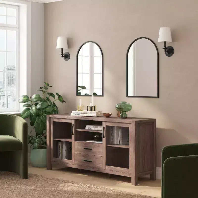 Meuble Buffet avec 2 Tiroirs, Portes en Verre Trempé à Fermeture Amortie et Étagère Ouverte