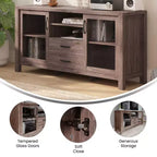 Meuble Buffet avec 2 Tiroirs, Portes en Verre Trempé à Fermeture Amortie et Étagère Ouverte