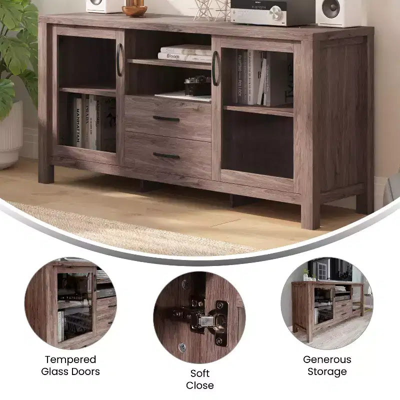 Meuble Buffet avec 2 Tiroirs, Portes en Verre Trempé à Fermeture Amortie et Étagère Ouverte