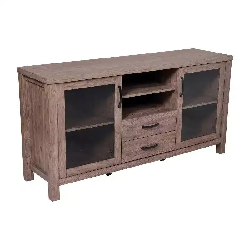 Meuble Buffet avec 2 Tiroirs, Portes en Verre Trempé à Fermeture Amortie et Étagère Ouverte