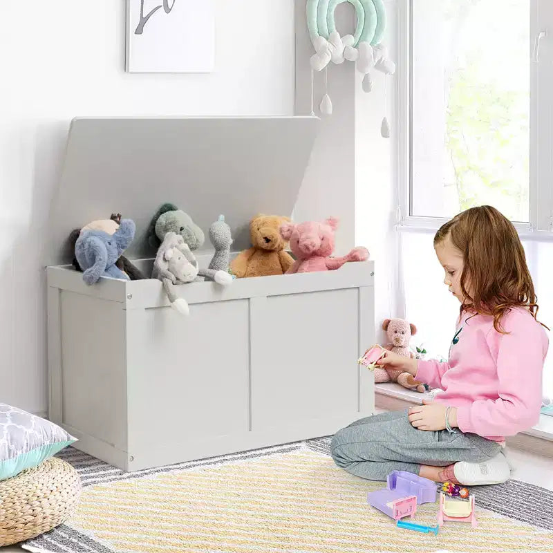 Coffre de rangement pour jouets en bois pour enfants avec couvercle à charnière et charnière de sécurité, 71 x 41 x 43 cm, gris