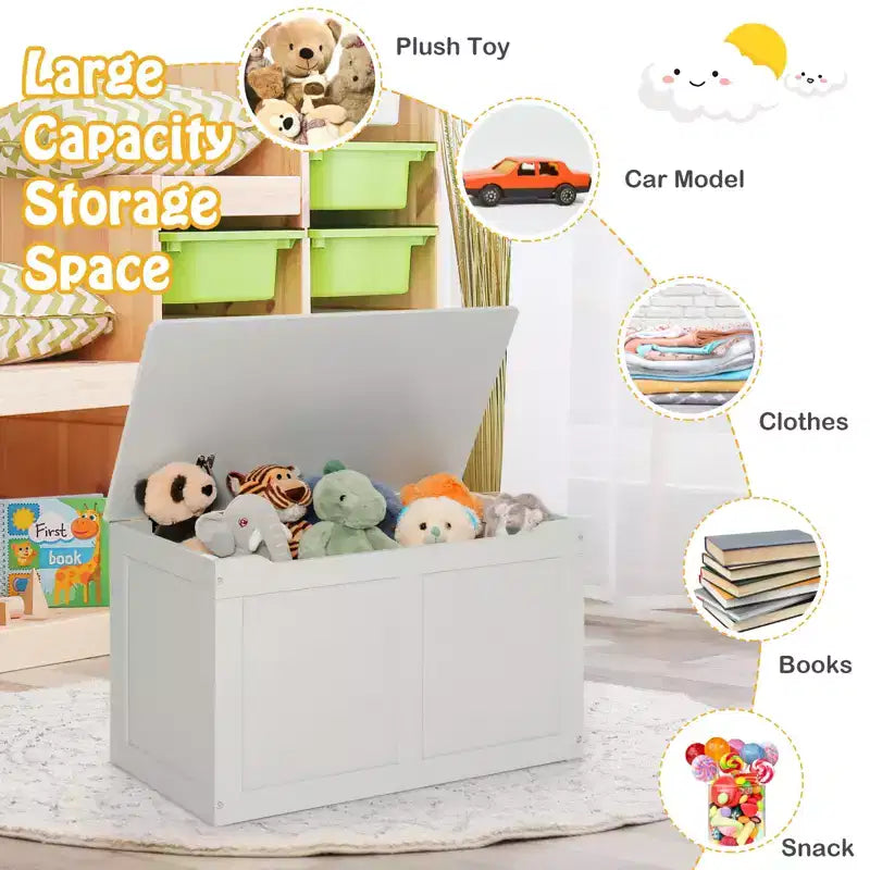 Coffre de rangement pour jouets en bois pour enfants avec couvercle à charnière et charnière de sécurité, 71 x 41 x 43 cm, gris