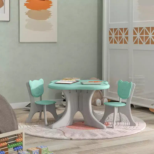 Ensemble table et 2 chaises pour enfants de 3 à 6 ans, bleu clair, dossier en forme d'ours