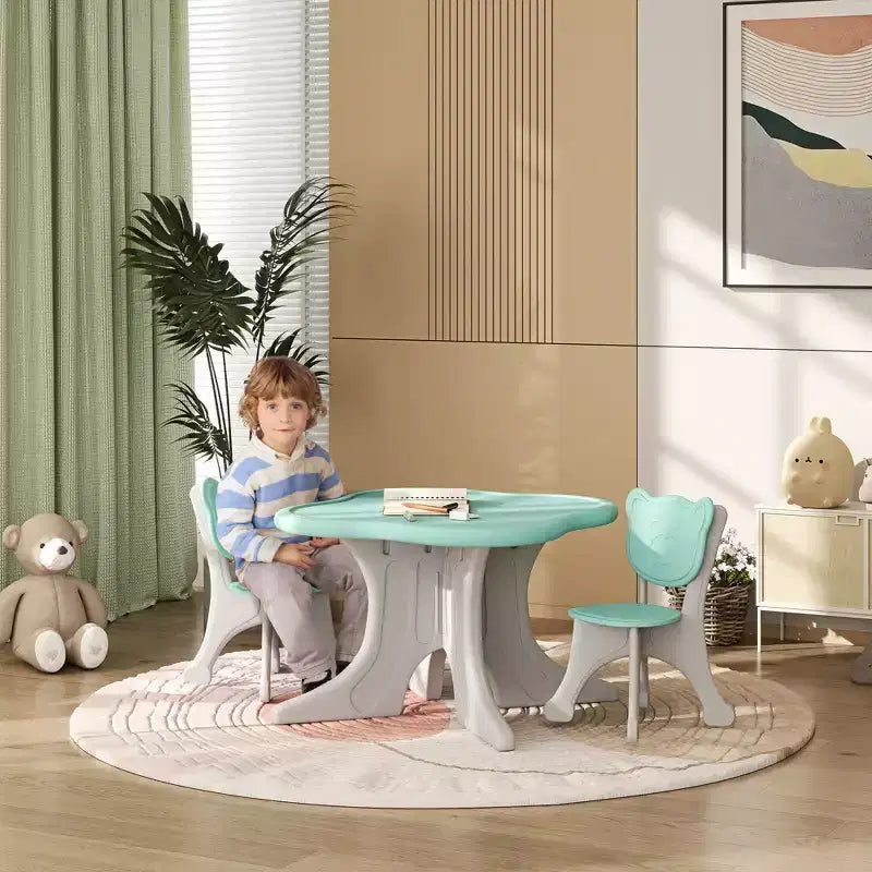 Ensemble table et 2 chaises pour enfants de 3 à 6 ans, bleu clair, dossier en forme d'ours