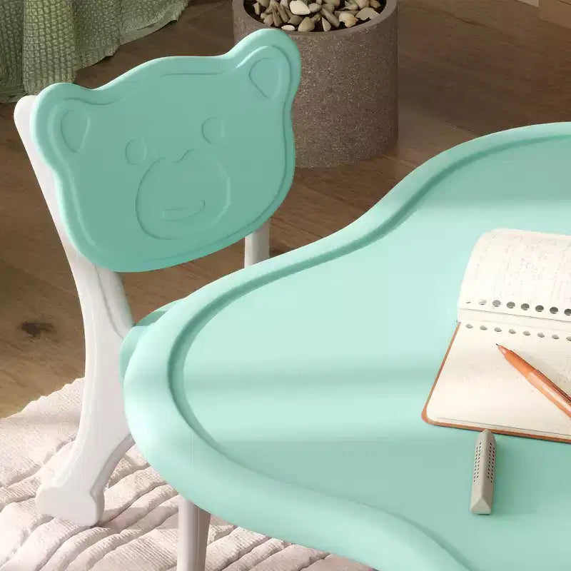 Ensemble table et 2 chaises pour enfants de 3 à 6 ans, bleu clair, dossier en forme d'ours