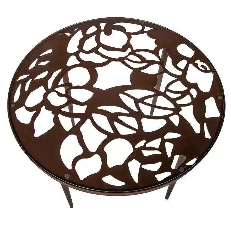 Table de bistrot ronde de 79 cm, plateau en verre trempé, base en aluminium antirouille motif arbre