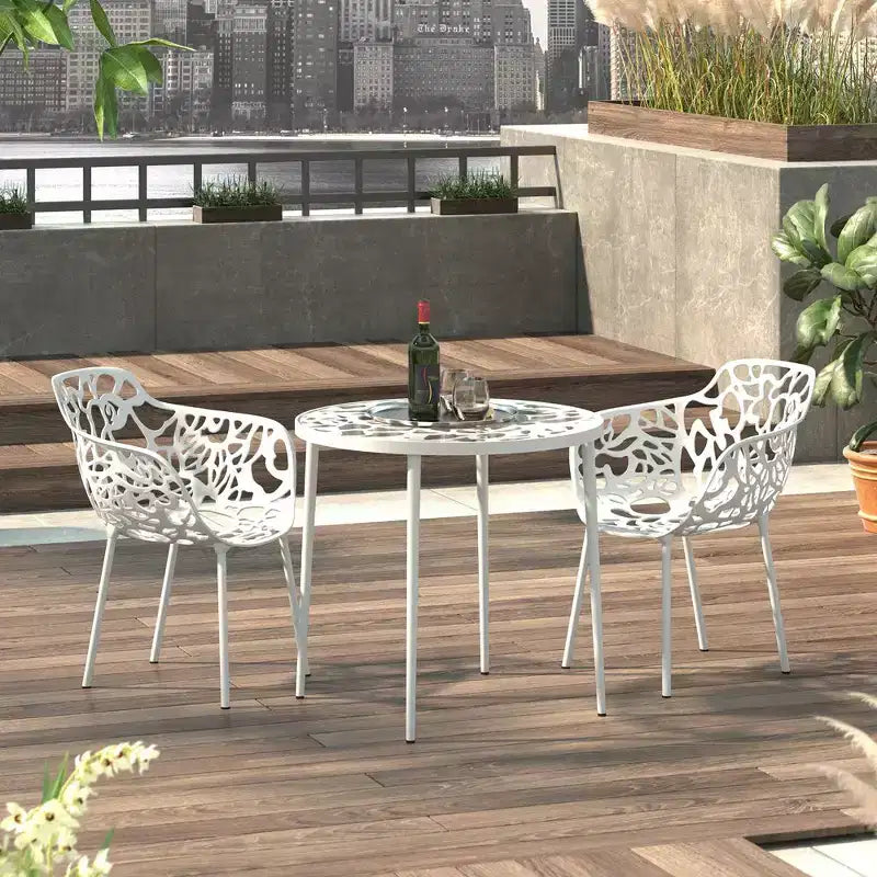 Table de bistrot ronde de 79 cm, plateau en verre trempé, base en aluminium antirouille motif arbre