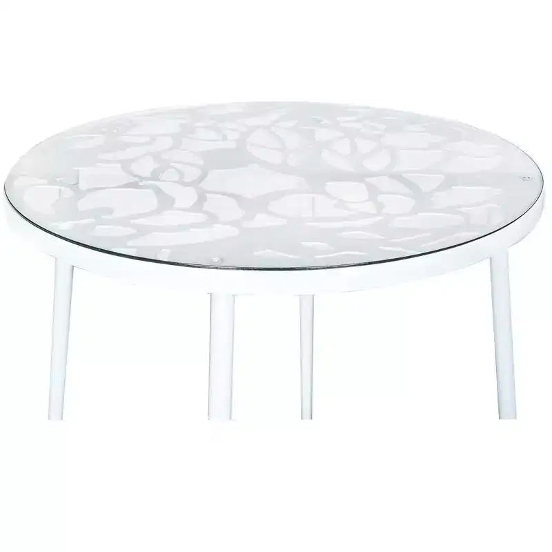 Table de bistrot ronde de 79 cm, plateau en verre trempé, base en aluminium antirouille motif arbre