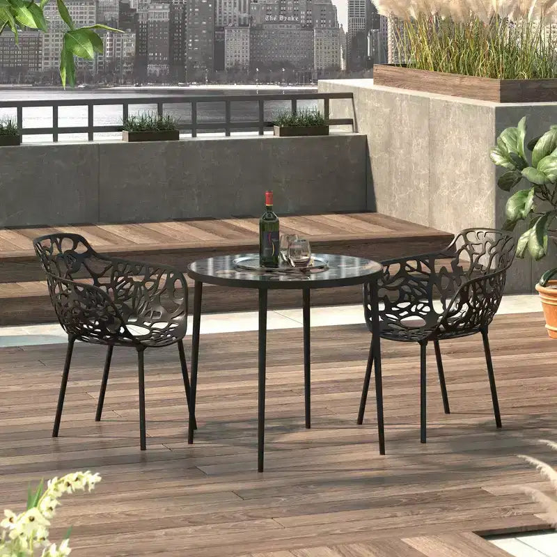 Table de bistrot ronde de 79 cm, plateau en verre trempé, base en aluminium antirouille motif arbre