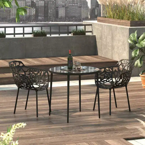 Table de bistrot ronde de 79 cm, plateau en verre trempé, base en aluminium antirouille motif arbre