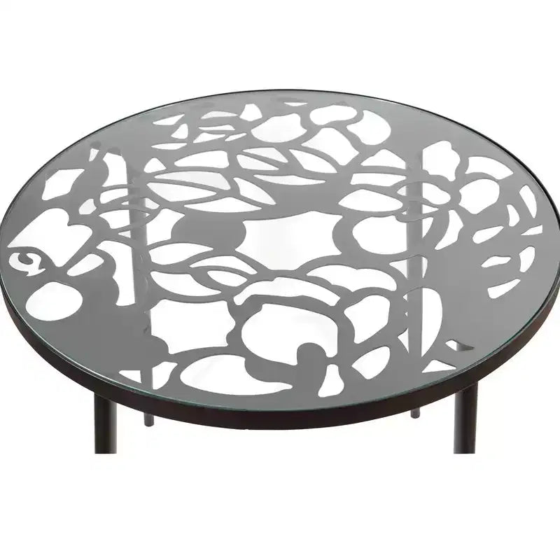 Table de bistrot ronde de 79 cm, plateau en verre trempé, base en aluminium antirouille motif arbre