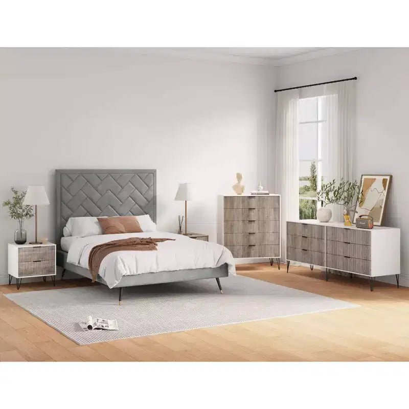 Ensemble de chambre à coucher 3 pièces : commode 5 tiroirs, commode 6 tiroirs et table de nuit avec quincaillerie anti-basculement