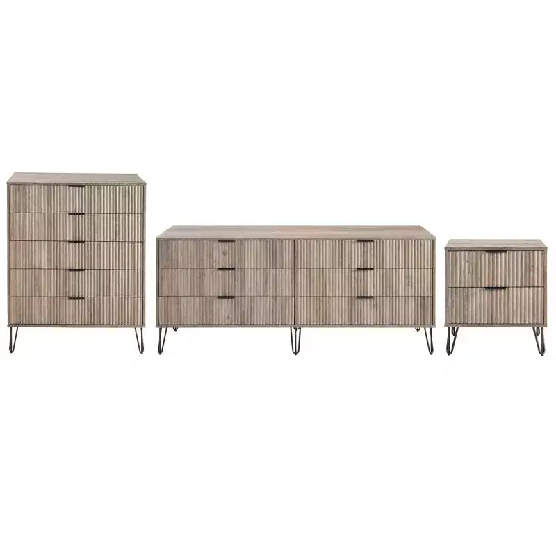 Ensemble de chambre à coucher 3 pièces : commode 5 tiroirs, commode 6 tiroirs et table de nuit avec quincaillerie anti-basculement