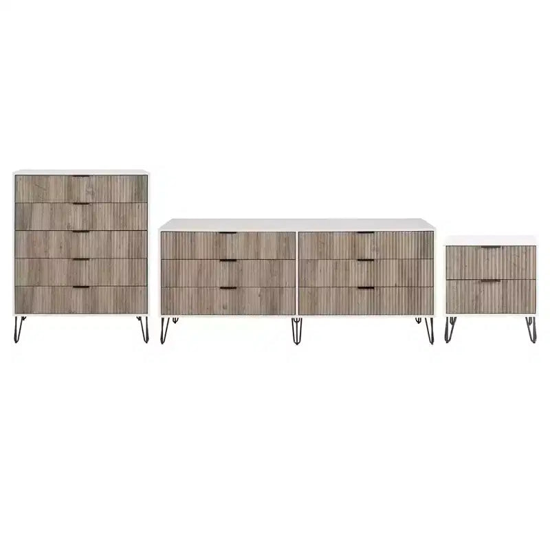 Ensemble de chambre à coucher 3 pièces : commode 5 tiroirs, commode 6 tiroirs et table de nuit avec quincaillerie anti-basculement