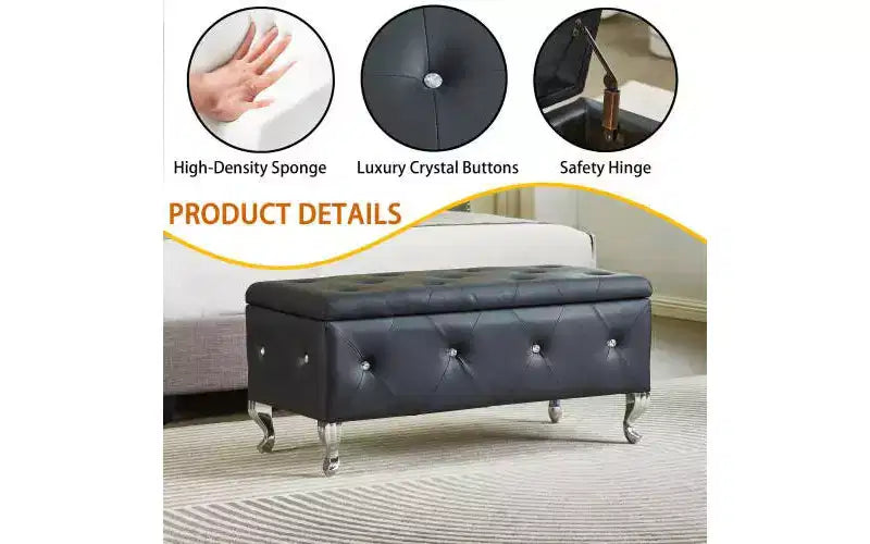 Banc de rangement ottoman capitonné avec boutons en cristal et revêtement en flanelle, 97,8 x 45,7 x 45,7 cm