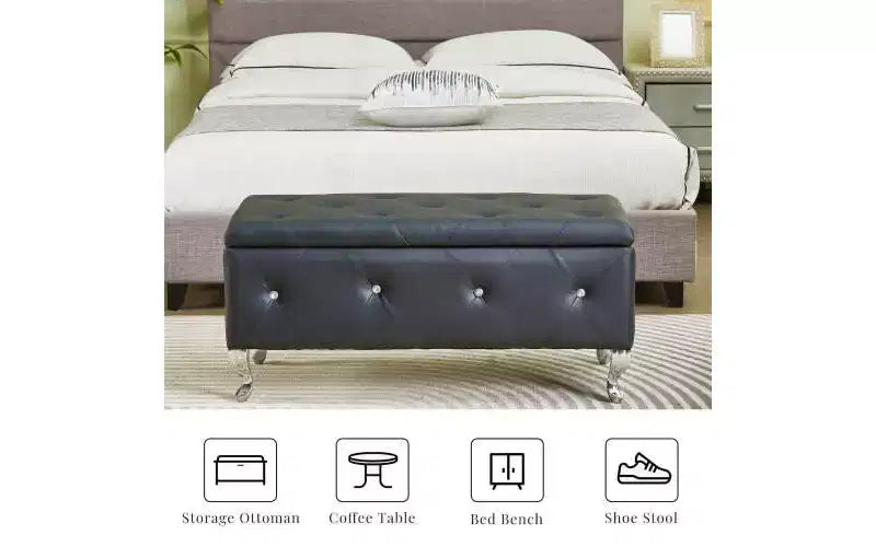 Banc de rangement ottoman capitonné avec boutons en cristal et revêtement en flanelle, 97,8 x 45,7 x 45,7 cm