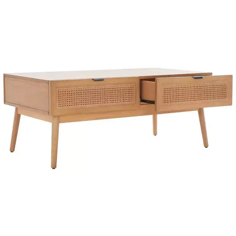 Table basse en bois avec 2 tiroirs et façade en cannage de rotin, pieds fuselés, supporte 68 kg