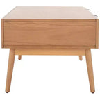 Table basse en bois avec 2 tiroirs et façade en cannage de rotin, pieds fuselés, supporte 68 kg