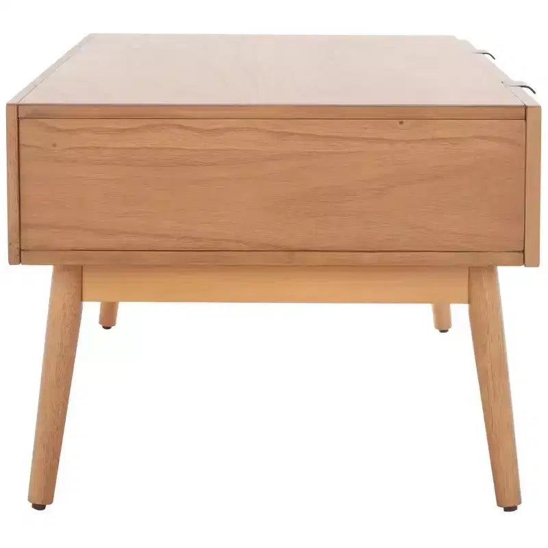 Table basse en bois avec 2 tiroirs et façade en cannage de rotin, pieds fuselés, supporte 68 kg