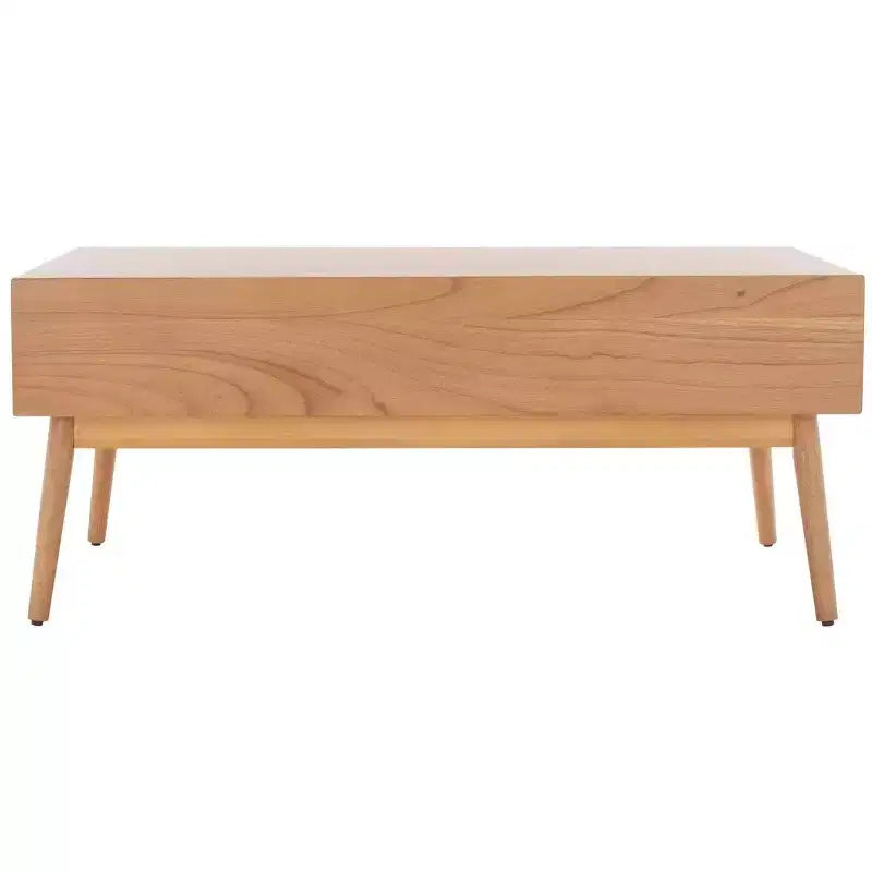 Table basse en bois avec 2 tiroirs et façade en cannage de rotin, pieds fuselés, supporte 68 kg