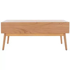 Table basse en bois avec 2 tiroirs et façade en cannage de rotin, pieds fuselés, supporte 68 kg