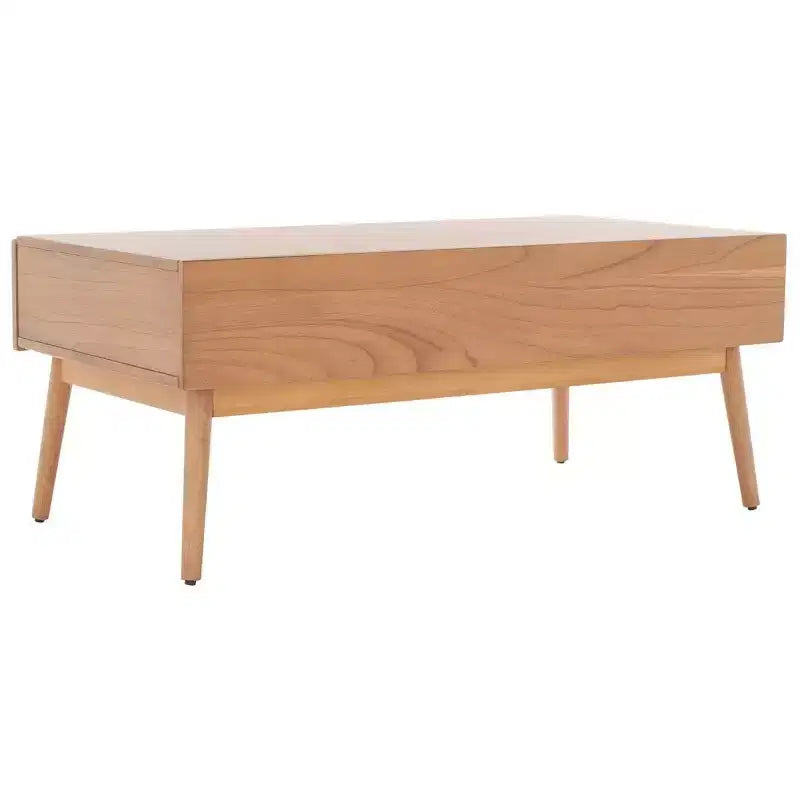 Table basse en bois avec 2 tiroirs et façade en cannage de rotin, pieds fuselés, supporte 68 kg