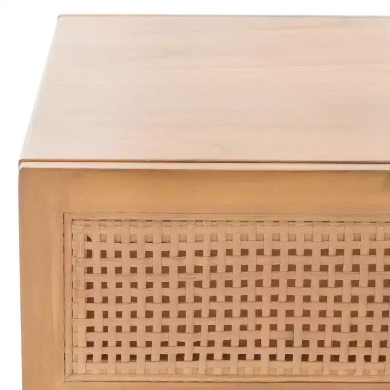 Table basse en bois avec 2 tiroirs et façade en cannage de rotin, pieds fuselés, supporte 68 kg