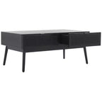 Table basse en bois avec 2 tiroirs et façade en cannage de rotin, pieds fuselés, supporte 68 kg