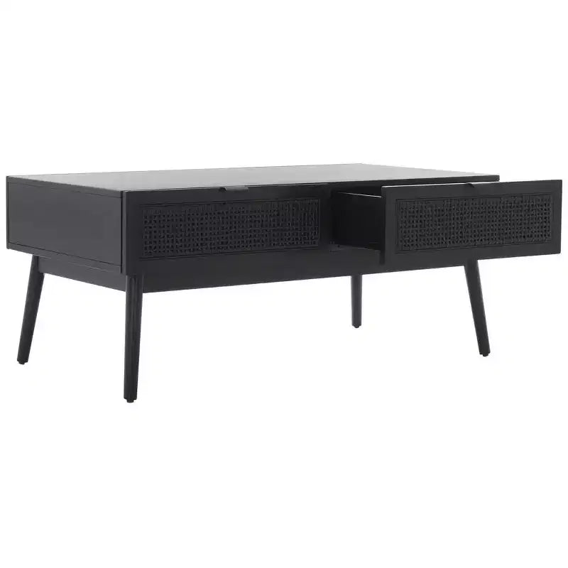 Table basse en bois avec 2 tiroirs et façade en cannage de rotin, pieds fuselés, supporte 68 kg