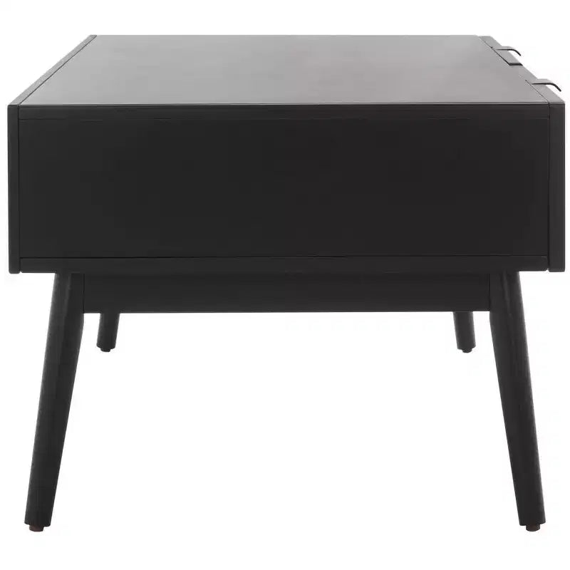 Table basse en bois avec 2 tiroirs et façade en cannage de rotin, pieds fuselés, supporte 68 kg