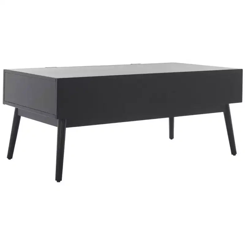 Table basse en bois avec 2 tiroirs et façade en cannage de rotin, pieds fuselés, supporte 68 kg