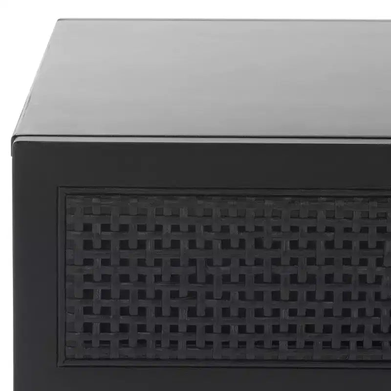 Table basse en bois avec 2 tiroirs et façade en cannage de rotin, pieds fuselés, supporte 68 kg