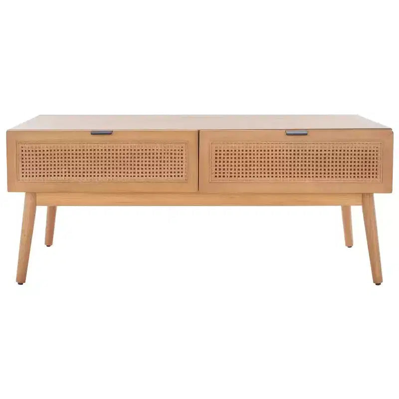 Table basse en bois avec 2 tiroirs et façade en cannage de rotin, pieds fuselés, supporte 68 kg