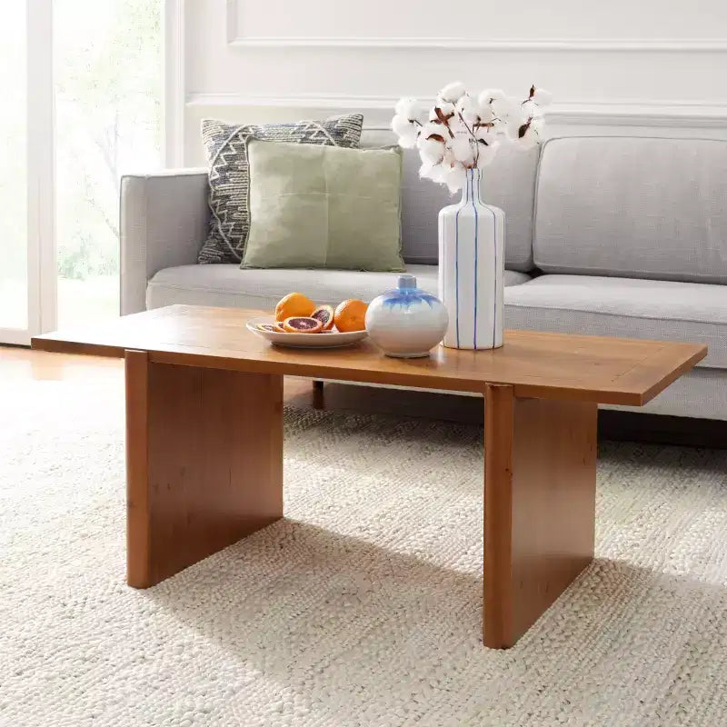 Table basse rectangulaire marron rustique, piètement tréteau, plateau en bois de sapin, 119x58x45 cm