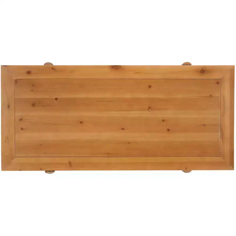 Table basse rectangulaire marron rustique, piètement tréteau, plateau en bois de sapin, 119x58x45 cm