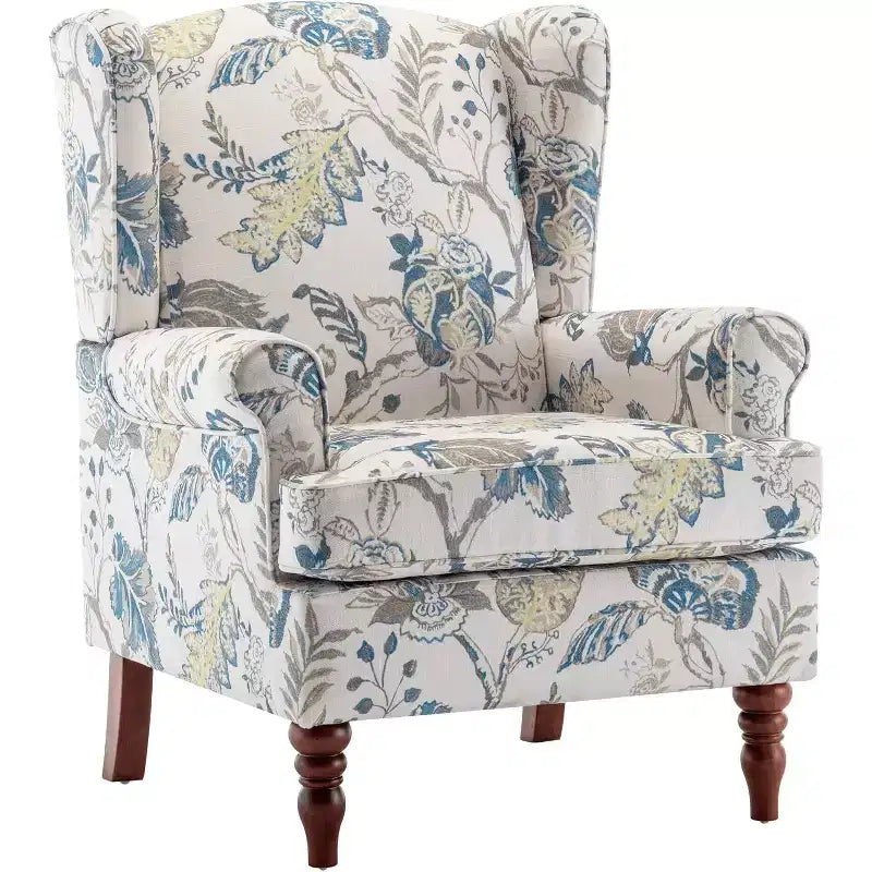 Fauteuil d'appoint rembourré à motif floral bleu, cadre en bois massif, mousse haute densité, 158 kg
