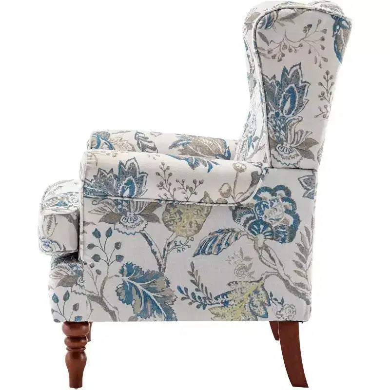 Fauteuil d'appoint rembourré à motif floral bleu, cadre en bois massif, mousse haute densité, 158 kg