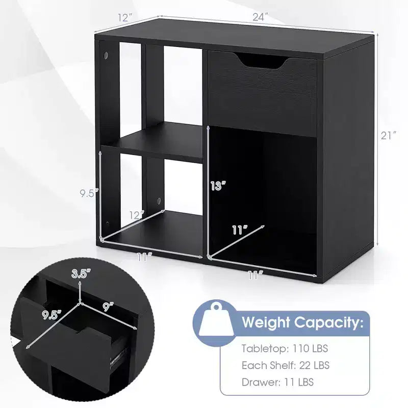 Costway Organiseur de bibliothèque 1/2 PCS 3 cubes avec étagère de rangement à 2 niveaux et tiroir coulissant Noir/Blanc