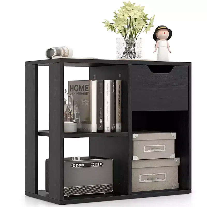 Costway 1/2 PCS 3-Cube Bookcase Organizer with 2-tier Wooden Storage Shelf & Pull-out Drawer Black/White