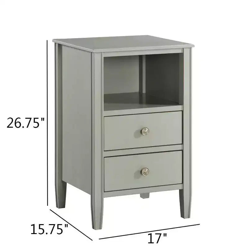 Table de chevet 2 tiroirs avec étagère ouverte, MDF et contreplaqué, gris, 17"x15.75"x26.75"