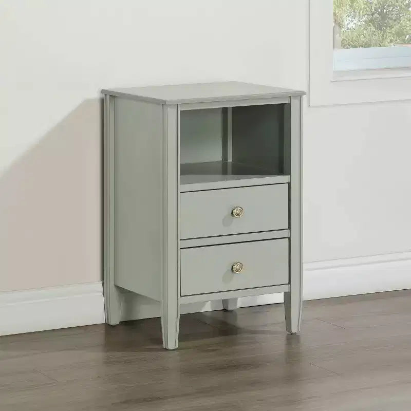 Table de chevet 2 tiroirs avec étagère ouverte, MDF et contreplaqué, gris, 17"x15.75"x26.75"