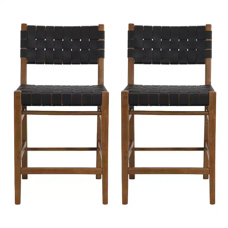 Christopher Knight Home Lumft 24.25 Woven Leather Rubberwood Counter Stool with Footrest