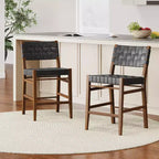 Lot de 2 tabourets de comptoir en similicuir tressé avec repose-pieds, cadre en bois d'hévéa, hauteur d'assise de 61,6 cm