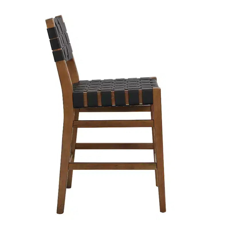Lot de 2 tabourets de comptoir en similicuir tressé avec repose-pieds, cadre en bois d'hévéa, hauteur d'assise de 61,6 cm