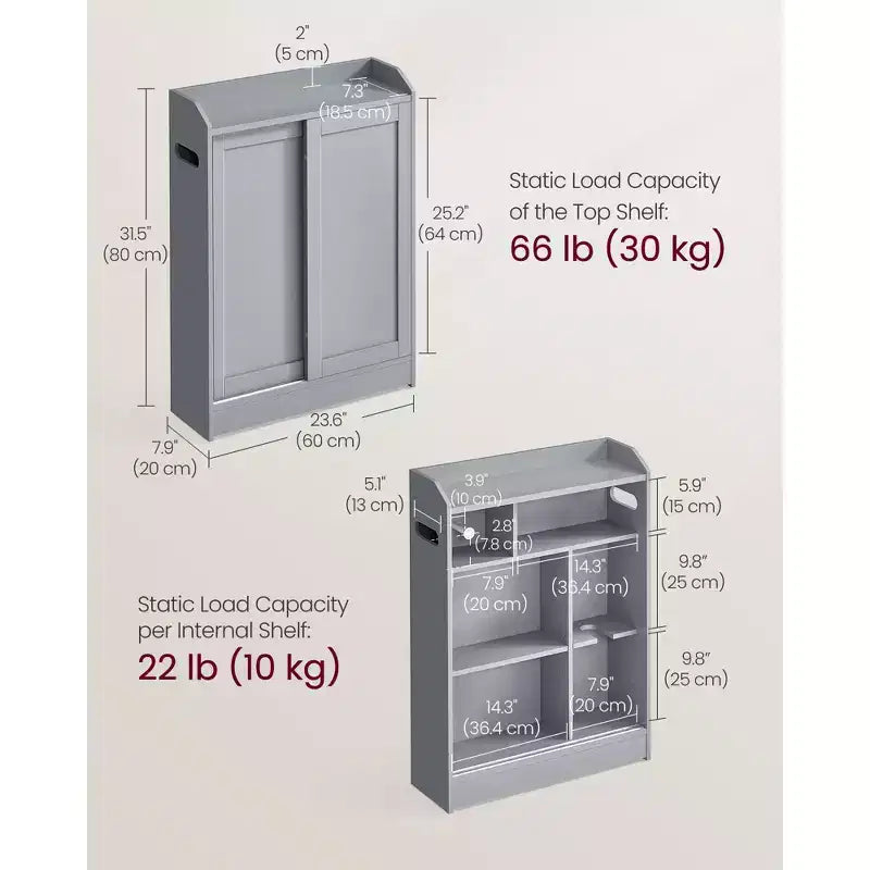 Meuble de rangement de salle de bain fin avec portes coulissantes, porte-rouleau de papier toilette et étagères réglables