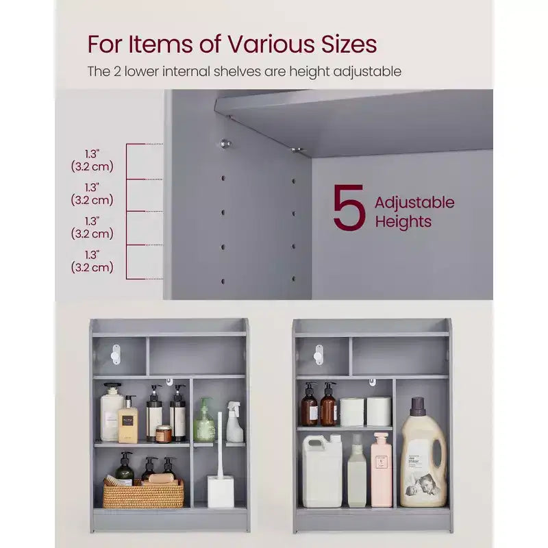 Meuble de rangement de salle de bain fin avec portes coulissantes, porte-rouleau de papier toilette et étagères réglables