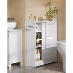 Meuble de rangement de salle de bain fin avec portes coulissantes, porte-rouleau de papier toilette et étagères réglables