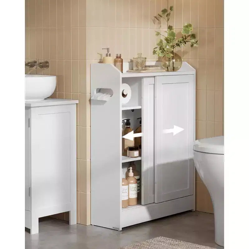 Meuble de rangement de salle de bain fin avec portes coulissantes, porte-rouleau de papier toilette et étagères réglables